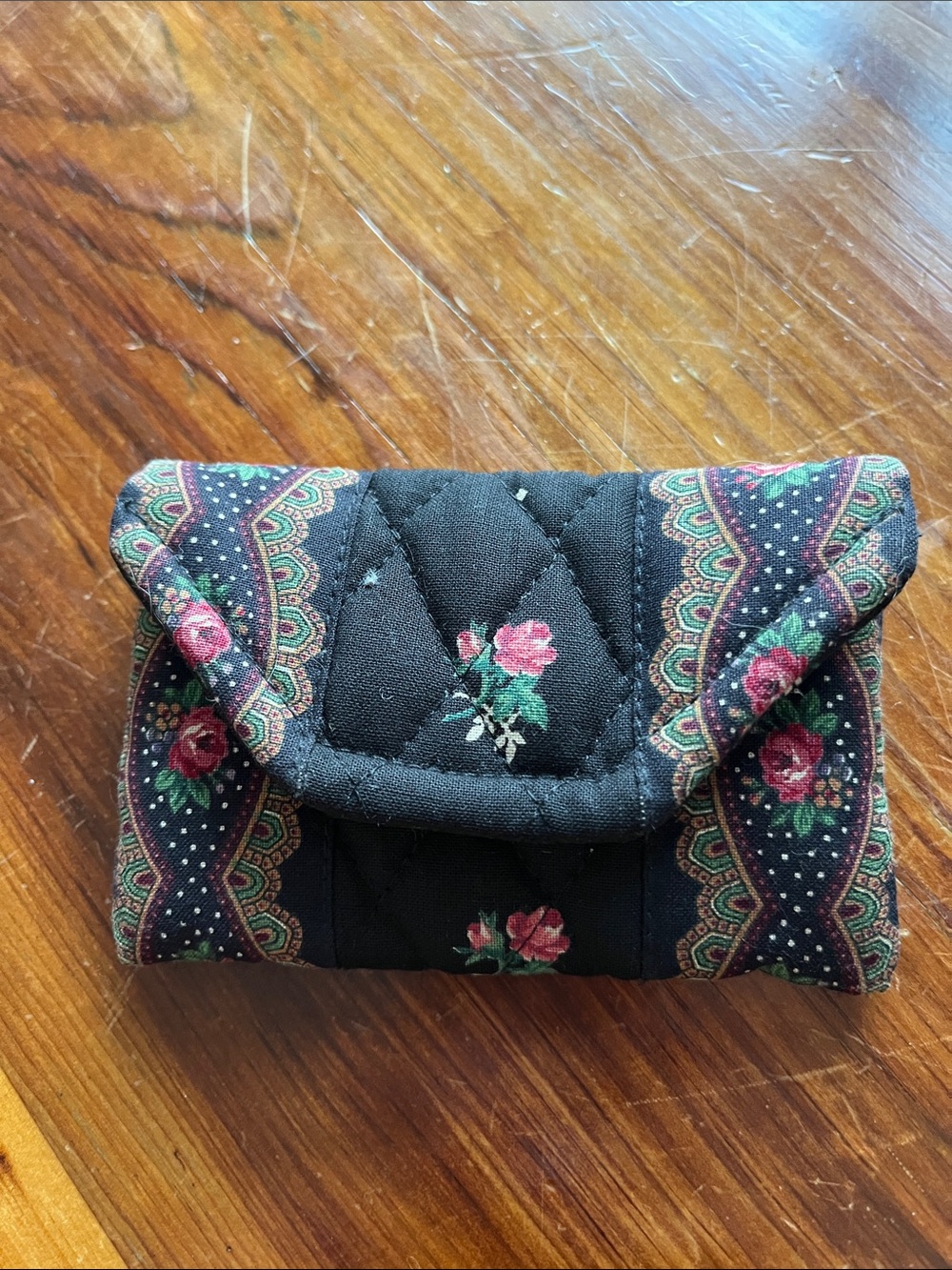 Vera Bradley Black Quilted Card Wallet with Pink Rose Print
